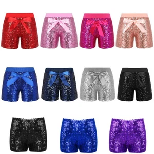 Kids Girls Elastic Waist Shiny Sequin Shorts + Bowknot Dance Training Short Pant - Picture 1 of 181
