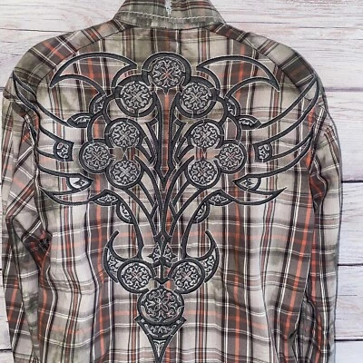 Camisa Roar Para Hombre M Marrón Naranja Bordada Abotonada A Cuadros Manga Larga B21 Foto 1 de 4