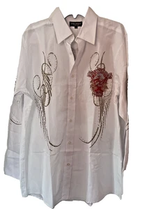 EDDIE DOMANI Men's White Shirt With Rhinestone And Red Eagle Print Size M - Picture 1 of 7
