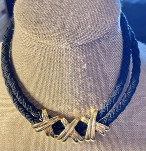 VINTAGE GOLD TONE Triple X NECKLACE BLACK Double Rope CORD 90s STATEMENT Choker - Picture 1 of 9