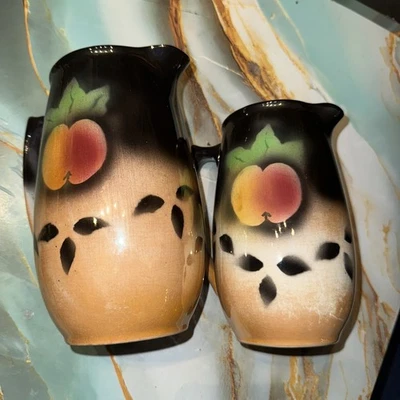 Vintage Hull USA Pottery Peach Pattern Pitcher Set2 Hand-Painted Brown Drip Jugs - Image 1 of 3