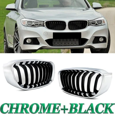 Chrome+Black Front Kidney Grille For 12-18 BMW F34 328i 330i 335i 340i GT xDrive Foto 1 de 4