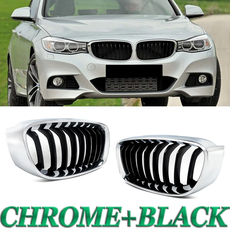 Chrome+Black Front Kidney Grille For 12-18 BMW F34 328i 330i 335i 340i GT xDrive Foto 1 de 4