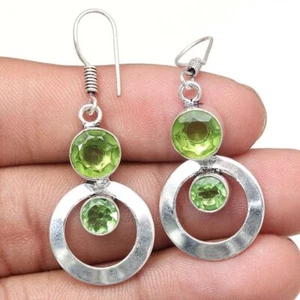 Peridot Quartz Gemstone Handmade Silver Jewelry Earrings 1.5'' - Picture 1 of 5