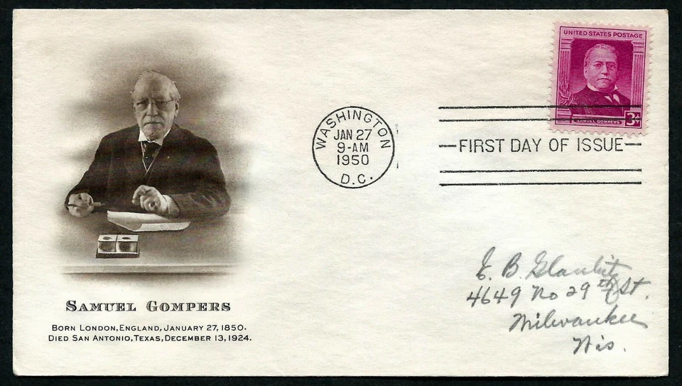 USA, SCOTT # 988, FDC COVER OF 1950 SAMUEL GOMPERS, LABOR LEADER - Image 1 of 1