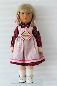 Kathe Kruse Stoffpuppe Doll 15" Maroon Print dress Gingham Apron 15" Sept.1983  - Picture 1 of 8