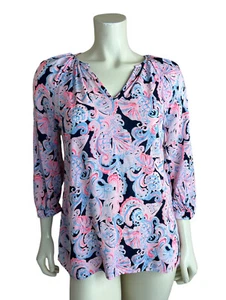 Lilly Pulitzer Willa 3/4 Sleeve Top Size XS Seahorse Print High Tide Blue Pink - Picture 1 of 12