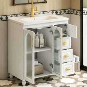 80 cm Waschbecken mit Unterschrank, Badmöbel Set Freistehend Keramik Waschtisch - Bild 1 von 11