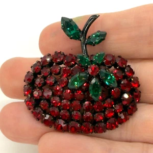 Vintage Austria Tomaten Brosche rot Strass mit Blume japanisch - Bild 1 von 8
