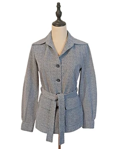 Vintage 1970's Delta Size 10 White Blue Marle Knit Belted Carol Brady Jacket - Picture 1 of 8