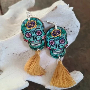 SUGAR SKULL Tag der Toten VOLKSKUNST Ohrringe mit Quasten Handarbeit - Bild 1 von 1