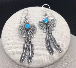 Vintage Sterling 925 Southwestern Bird Turquoise Feathers Drop Earrings V367 - Picture 1 of 5