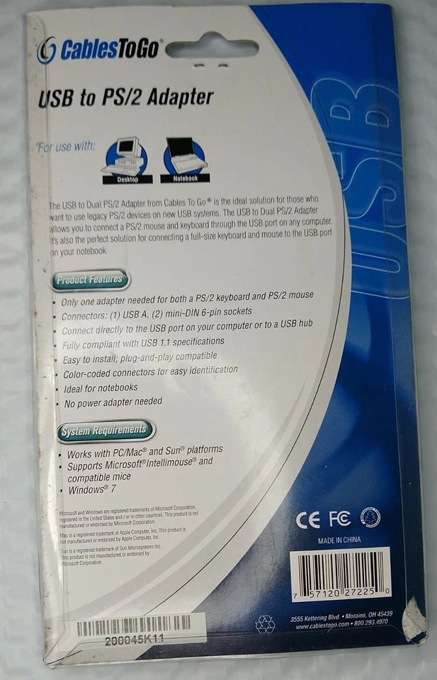 C2G 27225 USB to PS/2 Keyboard/Mouse Adapter Cable, Beige  - Image 1 of 2