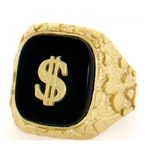 Solid Nugget Dollar Mens Ring in 18K Yellow Gold Over with Black Onyx Gemstone - Picture 1 of 6