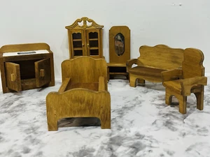 6 Piece Lot Wooden Doll House Furniture BEnch Chain Sink Bed China Cabinet - Picture 1 of 24