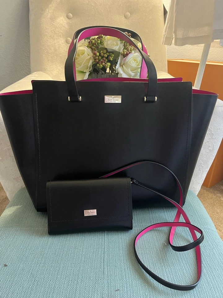 Bolso de mano Kate Spade grande de cuero negro con billetera a juego Foto 1 de 4