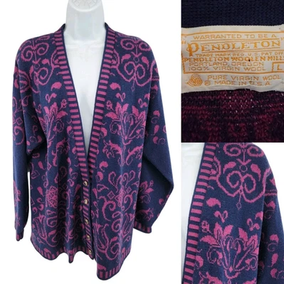 Cárdigan Suéter Pendleton Para Mujer L 100% Lana Azul Marino Jacquard Suroeste De Colección EE. UU. Foto 1 de 4