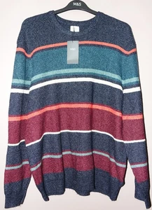 M&S STRIPED CREW NECK JUMPER LONG SLEEVE BURGUNDY MIX SIZE 3XL LONG - BNWT - Picture 1 of 3