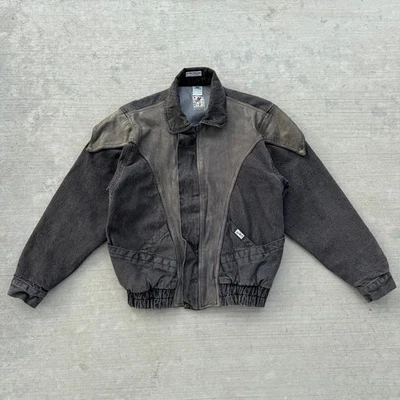 VINTAGE Guess Black Jacket Mens Large Leather Denim Bomber Marty Mcfly 80s - Image 1 of 4