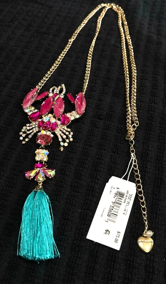 Betsey Johnson Festival Mermaid Jeweled Pink Lobster Tassel Necklace Z19