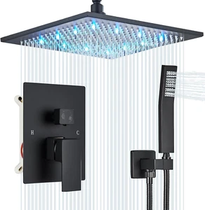 12 Inches Ceiling Mount Shower Faucets Sets Complete Shower System LED Rainfall - Picture 1 of 9