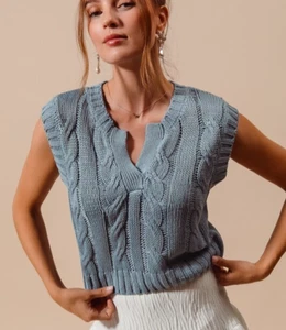 SO ME Sweater Vest Cable Knit Notched Neck Denim Gray Knit Top - Picture 1 of 5