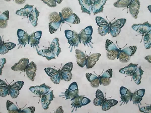 Butterfly Butterflies Monarch Blues Greens Creamy Cotton Fabric BTHY - Picture 1 of 6