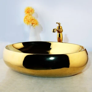 Lavabo de cerámica de oro ovalado lavabo con / mezclador de latón dorado grifo Wa - Imagen 1 de 8