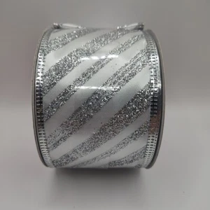 White Silver Glitter Sparkle Candy Stripe Silver Trim Wired Ribbon 2.5" x 20'  - Picture 1 of 6