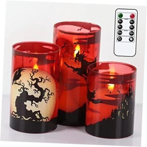 Halloween Flickering Candles with Witch, Crow Raven, Castle Decals, Red E-Red - Picture 1 of 7