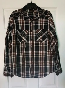 Helix Mens Medium Brown & Black Plaid Longsleeve Buttonfront Shirt Athletic Fit - Picture 1 of 3