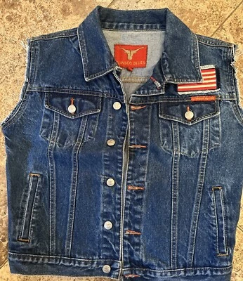 Cowboy Blues Denim Jean Vest Button Up Cotton Distressed Edges American Flag S - Image 1 of 4