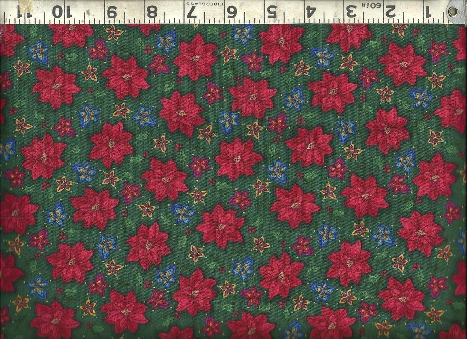 QT Christmas Red Small Poinsettia Floral on Green ~ 100% Cotton Quilt Fabric BTY - Image 1 of 1
