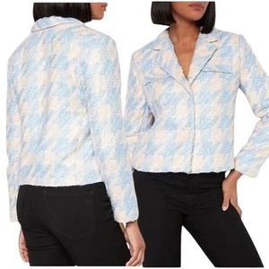 Neu EXPRESS Gr. L/Large blau, creme Hahnentritt Boucle Tweed Sakko Blazer 148 $ - Bild 1 von 7