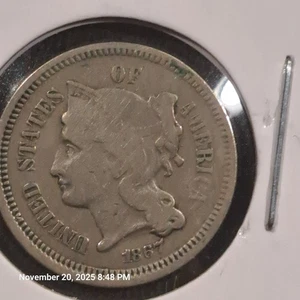 1867 Three Cent Nickel Coin 3c Type Coin - Picture 1 of 2
