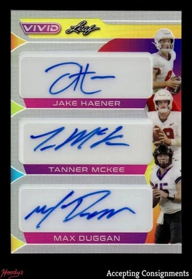 2023 Leaf Vivid Gray Jake Haener Tanner McKee Max Duggan TRIPLE Rookie AUTO 8/9 - Image 1 of 2