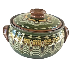 Vintage Bulgarian Redware Clay Pot Lid Traditional Folk Art Pottery Hand Painted - Picture 1 of 12
