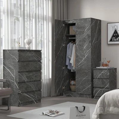 3PC Bedroom Set Grey Marble Effect - Wardrobe + 5 Drawer Chest + Bedside ZITA - Image 1 of 4