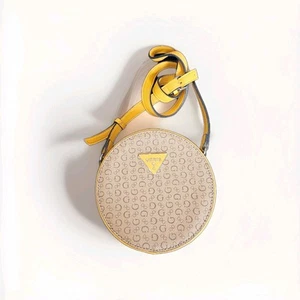GUESS Round Crossbody Purse Beige Logo Plate Shoulder Bag Small Bag - Picture 1 of 4