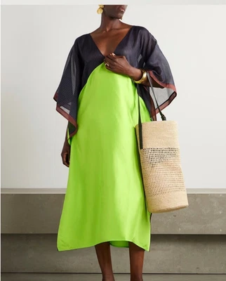 全新 Tory Burch 真丝缎和棉长衫连衣裙 尺寸 XS/S $598 海军蓝/绿色 — 第 1/4 张图片