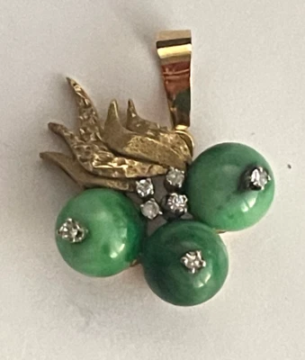 gros pendentif de 8,8 gr en or jaune 18 carats diamants et jadéite vert pomme - Photo 1/2