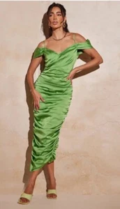 Pretty Little Thing Olive Satin Ruched Drape Cold Shoulder Midi Dress - Picture 1 of 11