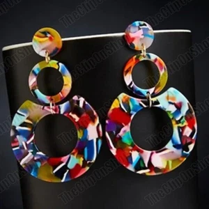 CLIP ON BIG MULTI red blue EARRINGS resin ROUND hoop 80s RETRO vintage style - Picture 1 of 4