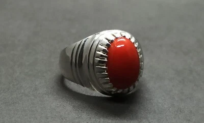 Natural Red Australian Coral Sterling Silver 925 Handmade Marjan Mens Heavy Ring - Image 1 of 4