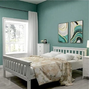Bedroom Furniture Wooden White Bed Frame Pine White Solid Wood Shaker Style w/Ma - Picture 1 of 18