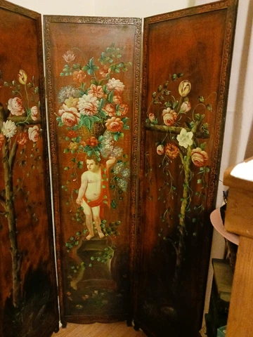 Stunning Antique Hand painted 3 Panel Folding  room divider Screen Masterpiece Cover