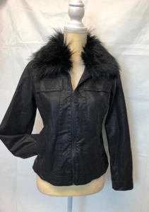 DKNY Solid Full Zip Leather Moto Jacket Fur Collared Black Sz L 14/ 16 Perfect C - Picture 1 of 4