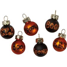 Set of 6 Small Orange & Black Glass Halloween Ornaments In Box - 1.25 In x 1 In