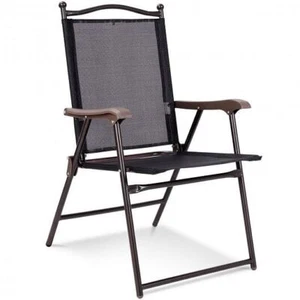 Set of 2 Patio Folding Sling Back Camping Deck Chairs-Black - Color: Black - Picture 1 of 6