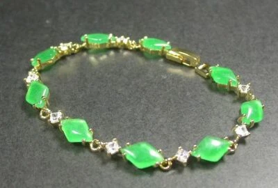 Genuine Green Jade Rhombic Rectangle 18KGP Cubic Zirconia Bangle Bracelet - Image 1 of 4